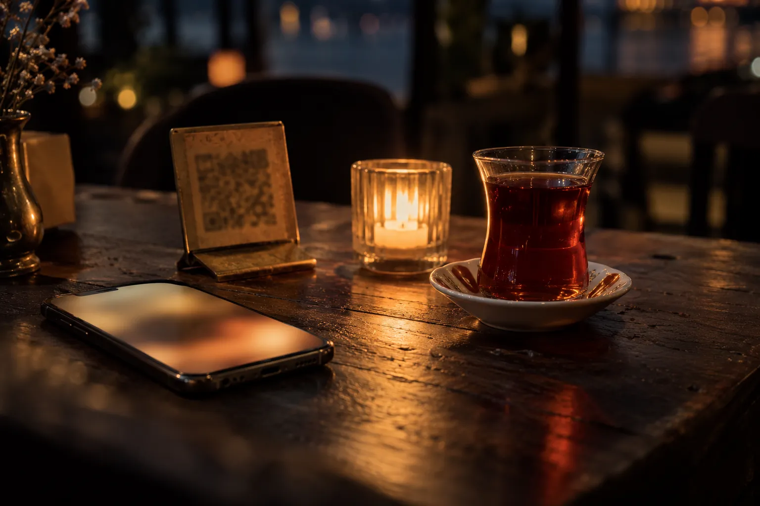 Restoran masasında telefon, QR standı ve çay